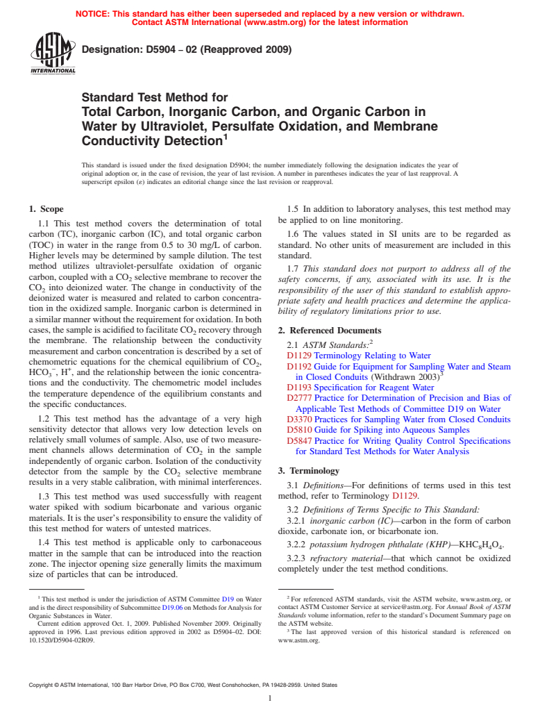 ASTM D5904-02(2009) - Standard Test Method for Total Carbon, Inorganic Carbon, and Organic Carbon in Water by Ultraviolet, Persulfate Oxidation, and Membrane Conductivity Detection