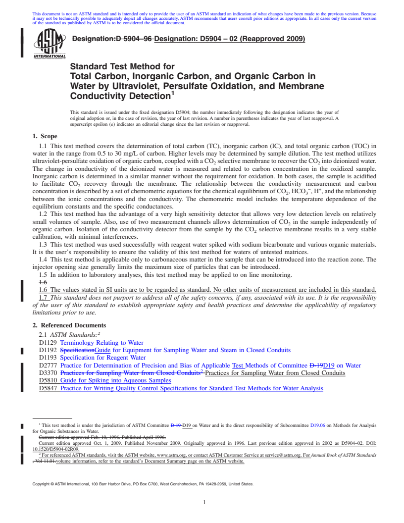 REDLINE ASTM D5904-02(2009) - Standard Test Method for Total Carbon, Inorganic Carbon, and Organic Carbon in Water by Ultraviolet, Persulfate Oxidation, and Membrane Conductivity Detection