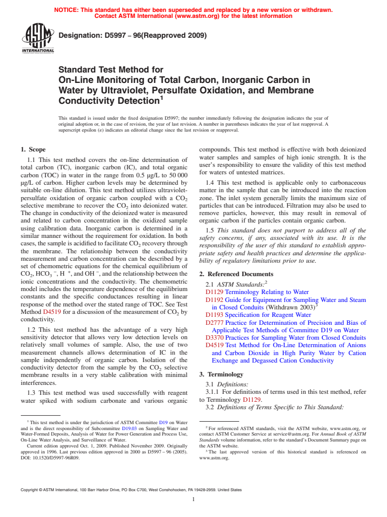 ASTM D5997-96(2009) - Standard Test Method for On-Line Monitoring of Total Carbon, Inorganic Carbon in Water by Ultraviolet, Persulfate Oxidation, and Membrane Conductivity Detection