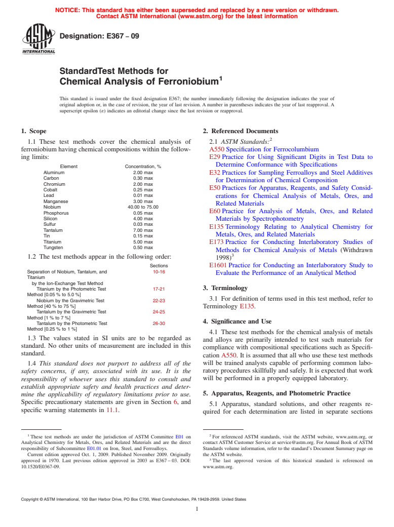 ASTM E367-09 - Standard Test Methods for  Chemical Analysis of Ferroniobium