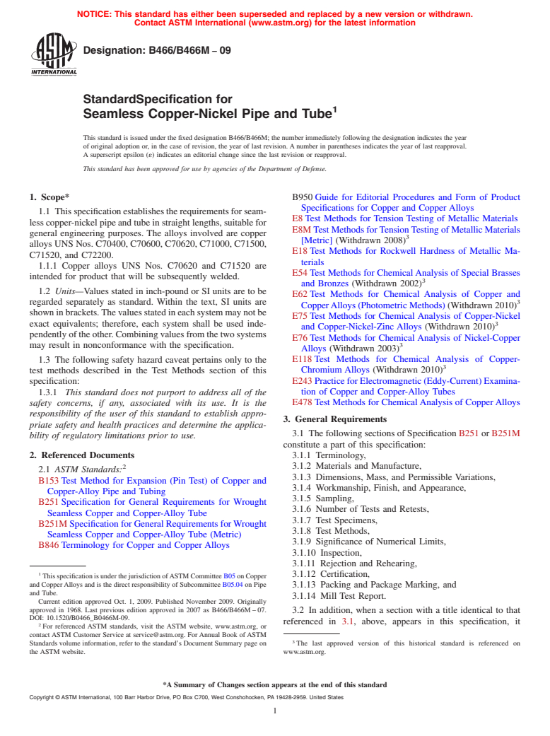 ASTM B466/B466M-09 - Standard Specification for Seamless Copper-Nickel Pipe and Tube