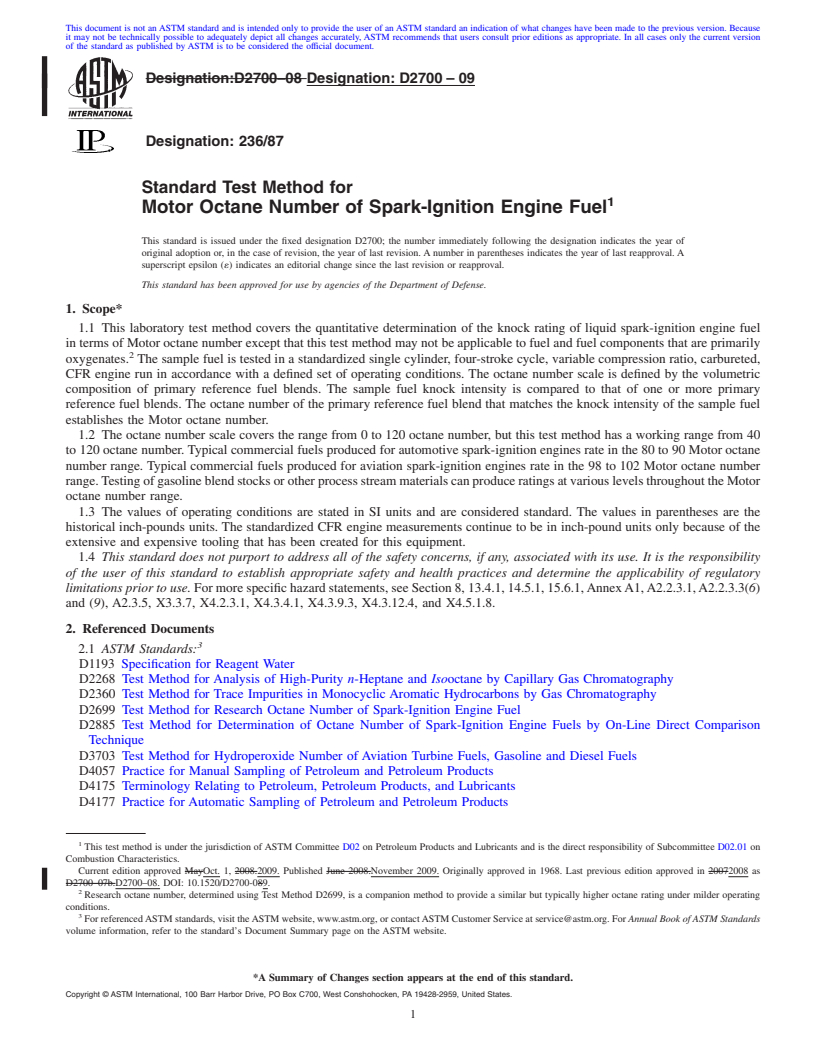 REDLINE ASTM D2700-09 - Standard Test Method for Motor Octane Number of Spark-Ignition Engine Fuel