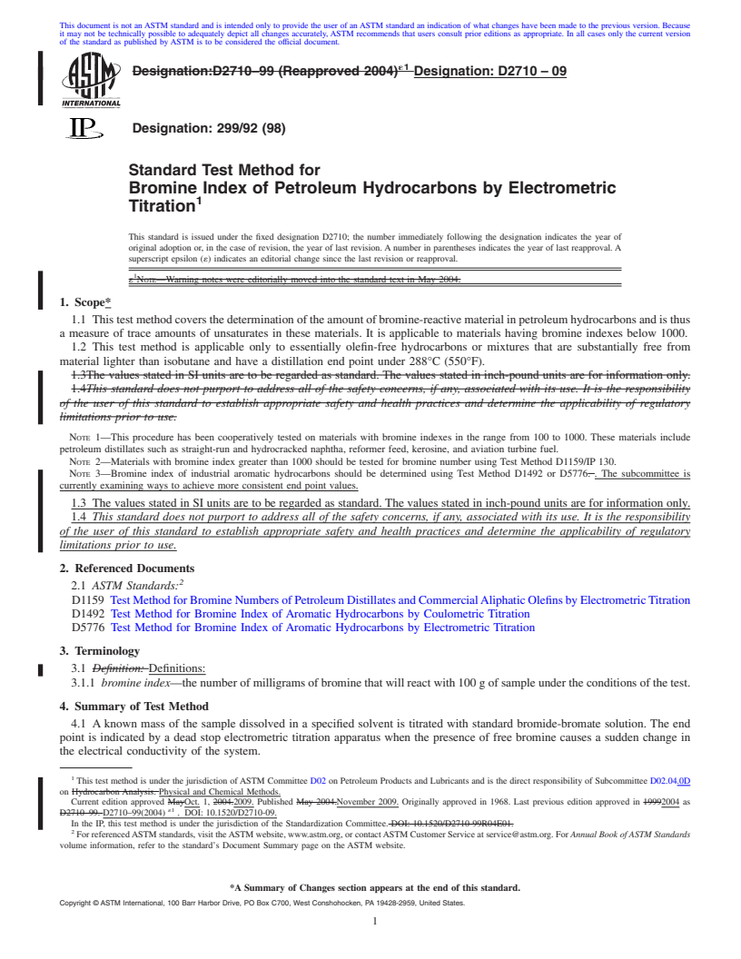 REDLINE ASTM D2710-09 - Standard Test Method for Bromine Index of Petroleum Hydrocarbons by Electrometric Titration