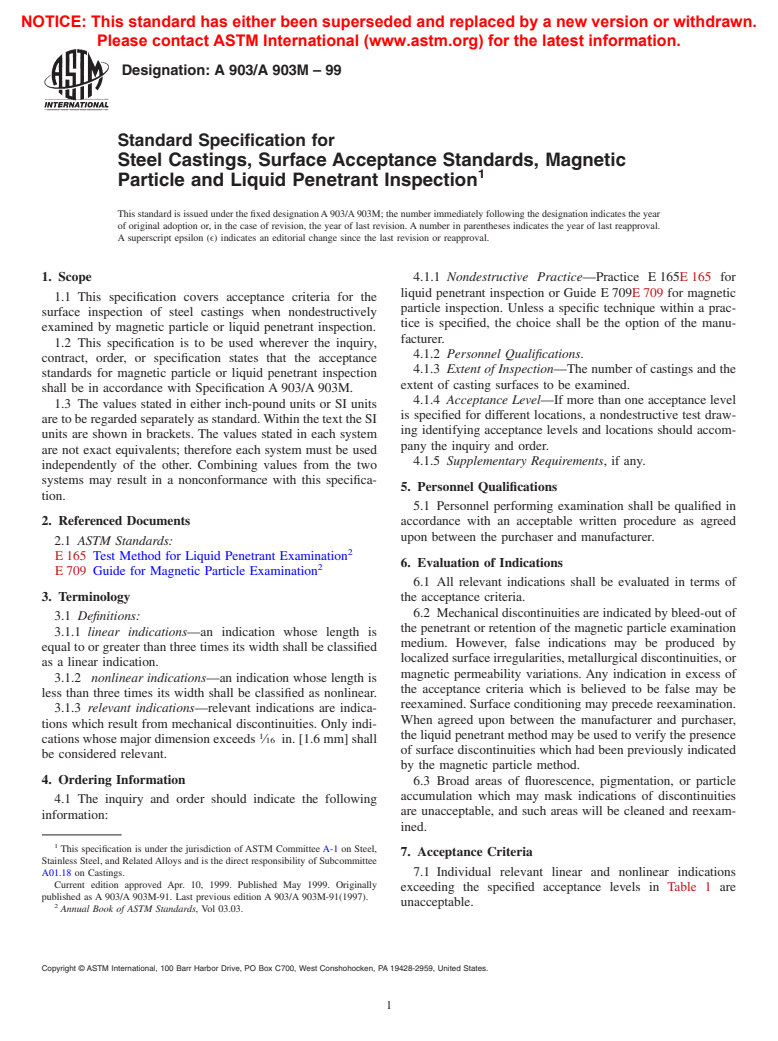 ASTM A903/A903M-99 - Standard Specification for Steel Castings, Surface Acceptance Standards, Magnetic Particle and Liquid Penetrant Inspection