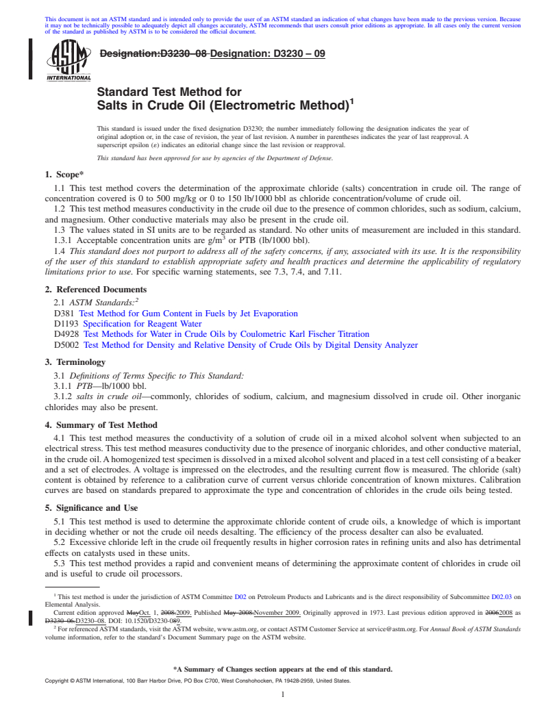 REDLINE ASTM D3230-09 - Standard Test Method for Salts in Crude Oil (Electrometric Method)