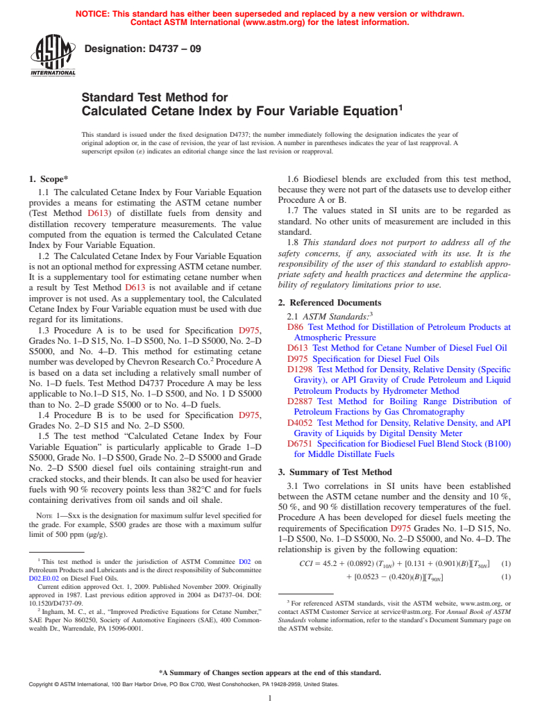 ASTM D4737-09 - Standard Test Method for Calculated Cetane Index by Four Variable Equation