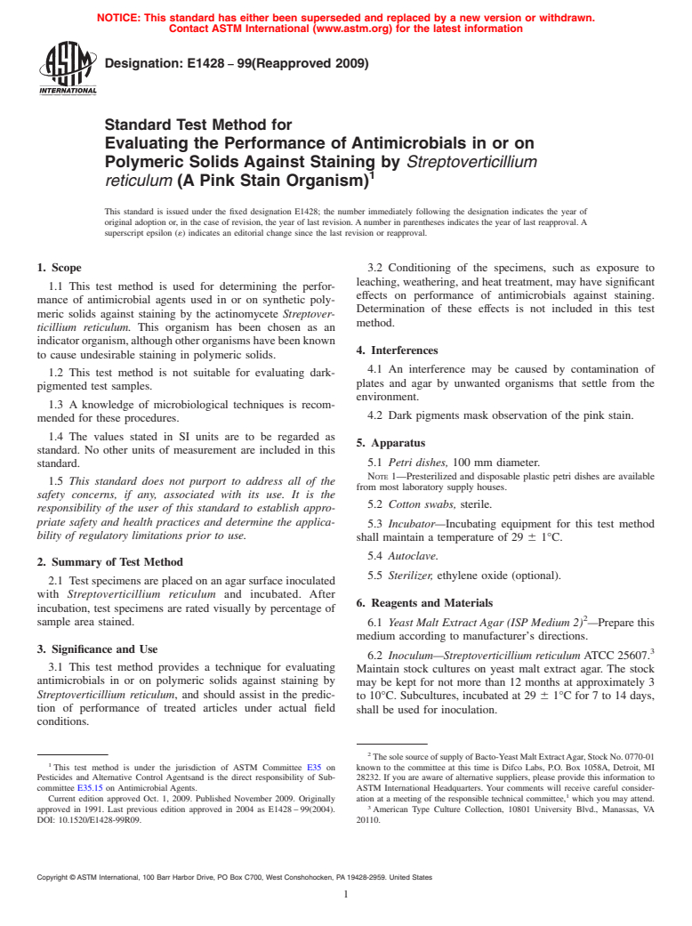 ASTM E1428-99(2009) - Standard Test Method for Evaluating the Performance of Antimicrobials in or on Polymeric Solids Against Staining by <med><i>Streptoverticillium reticulum</i></i> (A Pink Stain Organism)