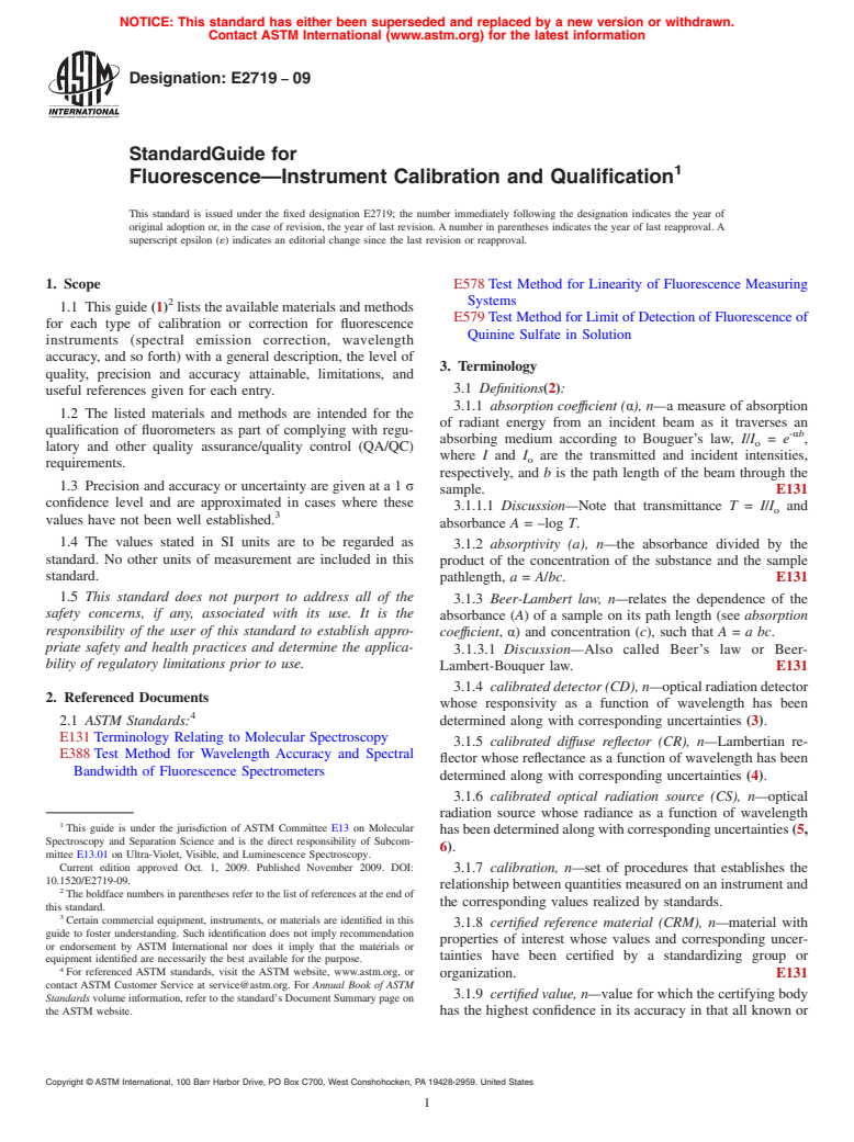 ASTM E2719-09 - Standard Guide for Fluorescence<span class='unicode'>&#x2014;</span>Instrument Calibration and Qualification