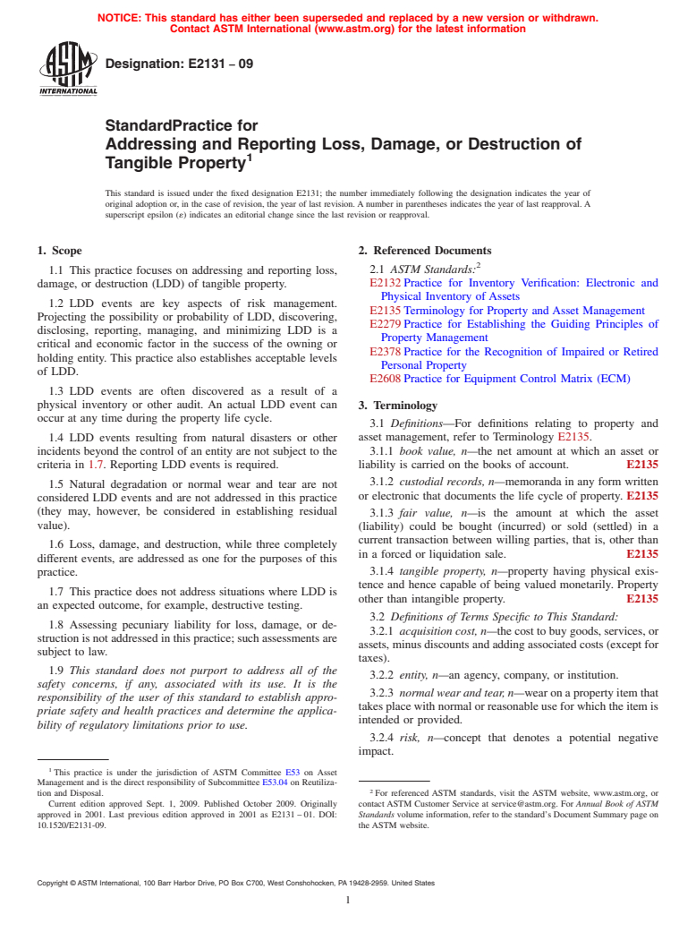 ASTM E2131-09 - Standard Practice For Addressing and Reporting Loss, Damage, or Destruction of Tangible Property