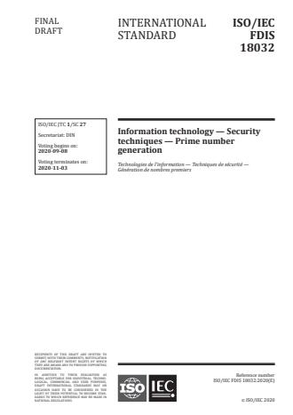 ISO/IEC FDIS 18032:Version 13-okt-2020 - Information security -- Prime number generation