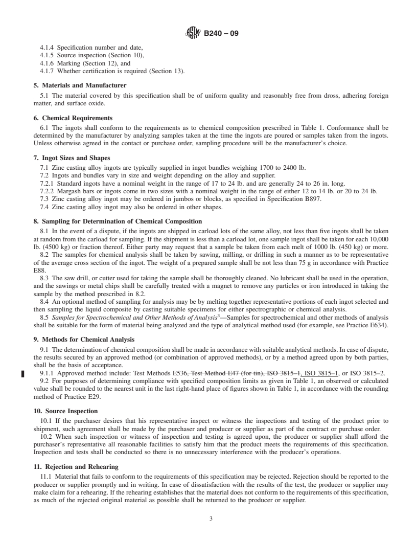 REDLINE ASTM B240-09 - Standard Specification for Zinc and Zinc-Aluminum (ZA) Alloys in Ingot Form for Foundry and Die Castings