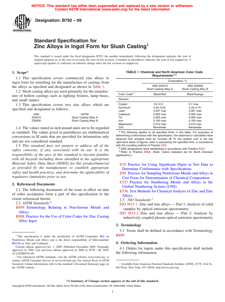 ASTM B792-09 - Standard Specification For Zinc Alloys In Ingot Form For ...