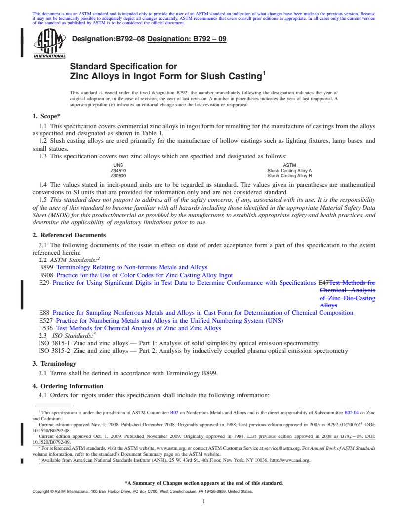 REDLINE ASTM B792-09 - Standard Specification for Zinc Alloys in Ingot Form for Slush Casting