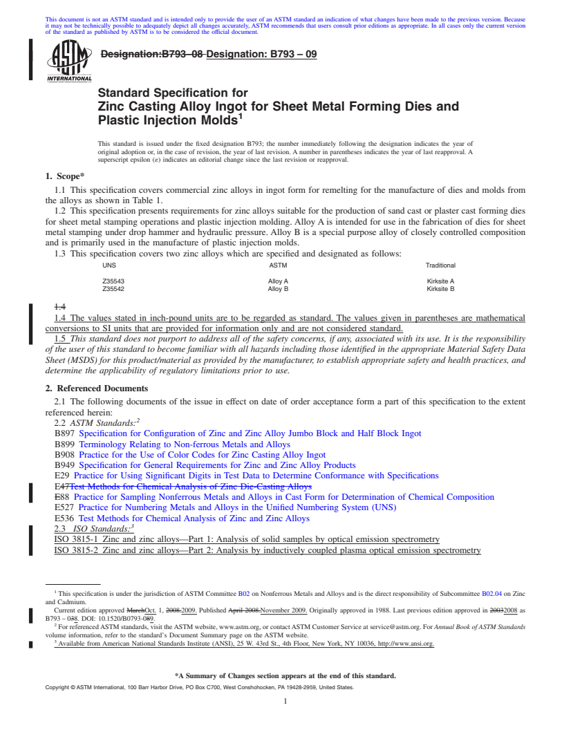 REDLINE ASTM B793-09 - Standard Specification for Zinc Casting Alloy Ingot for Sheet Metal Forming Dies and Plastic Injection   Molds