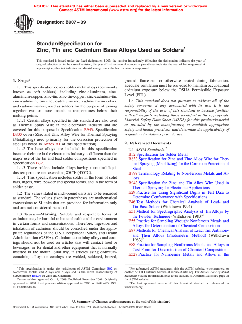 ASTM B907-09 - Standard Specification for Zinc, Tin and Cadmium Base Alloys Used as Solders