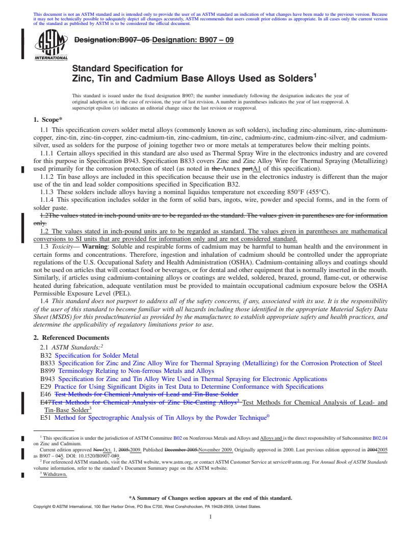 REDLINE ASTM B907-09 - Standard Specification for Zinc, Tin and Cadmium Base Alloys Used as Solders