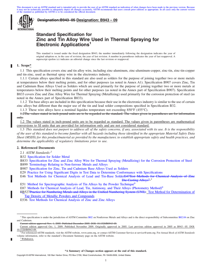 REDLINE ASTM B943-09 - Standard Specification for Zinc and Tin Alloy Wire Used in Thermal Spraying for Electronic Applications