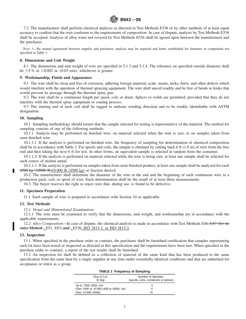 REDLINE ASTM B943-09 - Standard Specification for Zinc and Tin Alloy Wire Used in Thermal Spraying for Electronic Applications