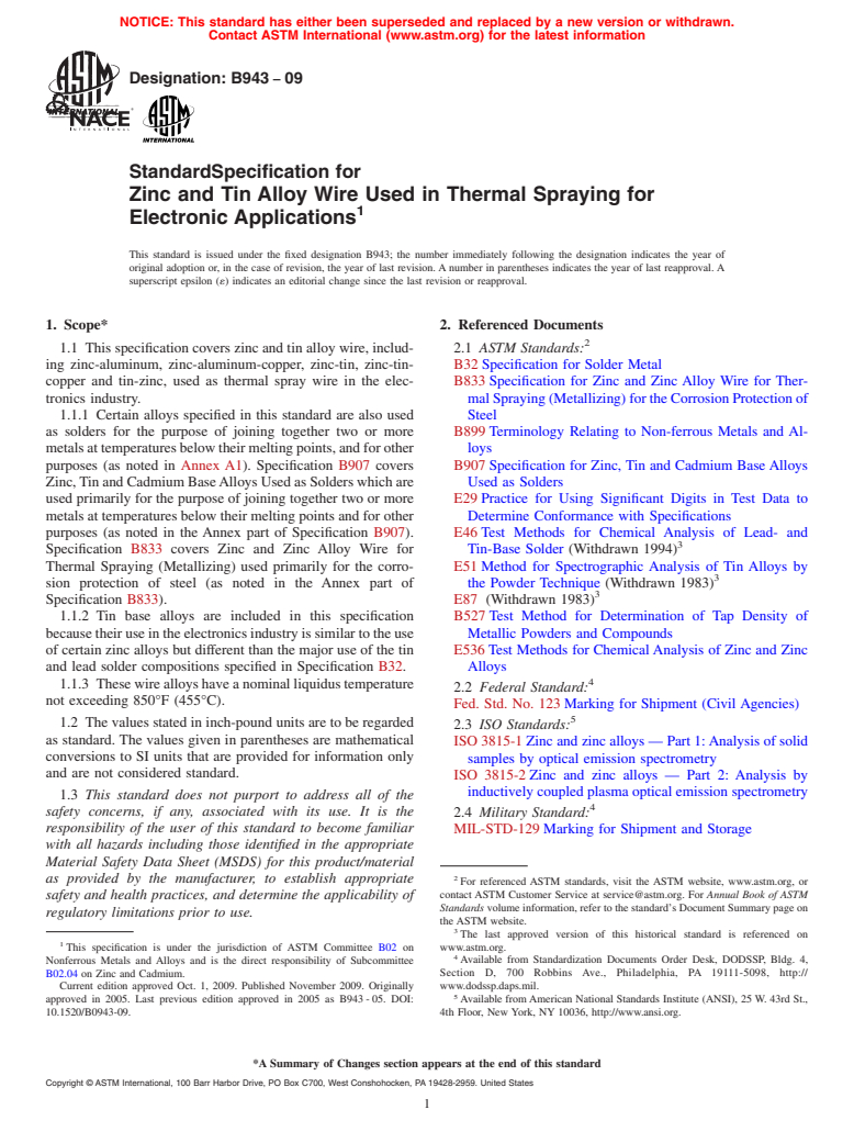 ASTM B943-09 - Standard Specification for Zinc and Tin Alloy Wire Used in Thermal Spraying for Electronic Applications