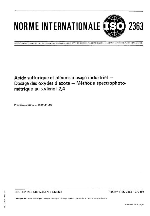 ISO 2363:1972 - Acide sulfurique et oléums a usage industriel -- Dosage des oxydes d'azote -- Méthode spectrophotométrique au xylénol-2,4