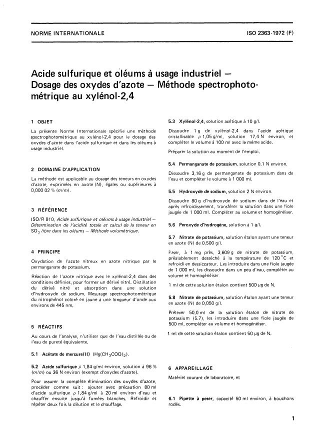 ISO 2363:1972 - Acide sulfurique et oléums a usage industriel -- Dosage des oxydes d'azote -- Méthode spectrophotométrique au xylénol-2,4