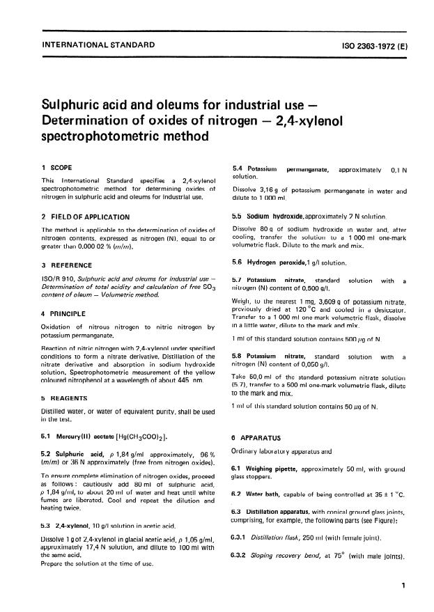 ISO 2363:1972 - Sulphuric acid and oleums for industrial use -- Determination of oxides of nitrogen -- 2,4- Xylenol spectrophotometric method