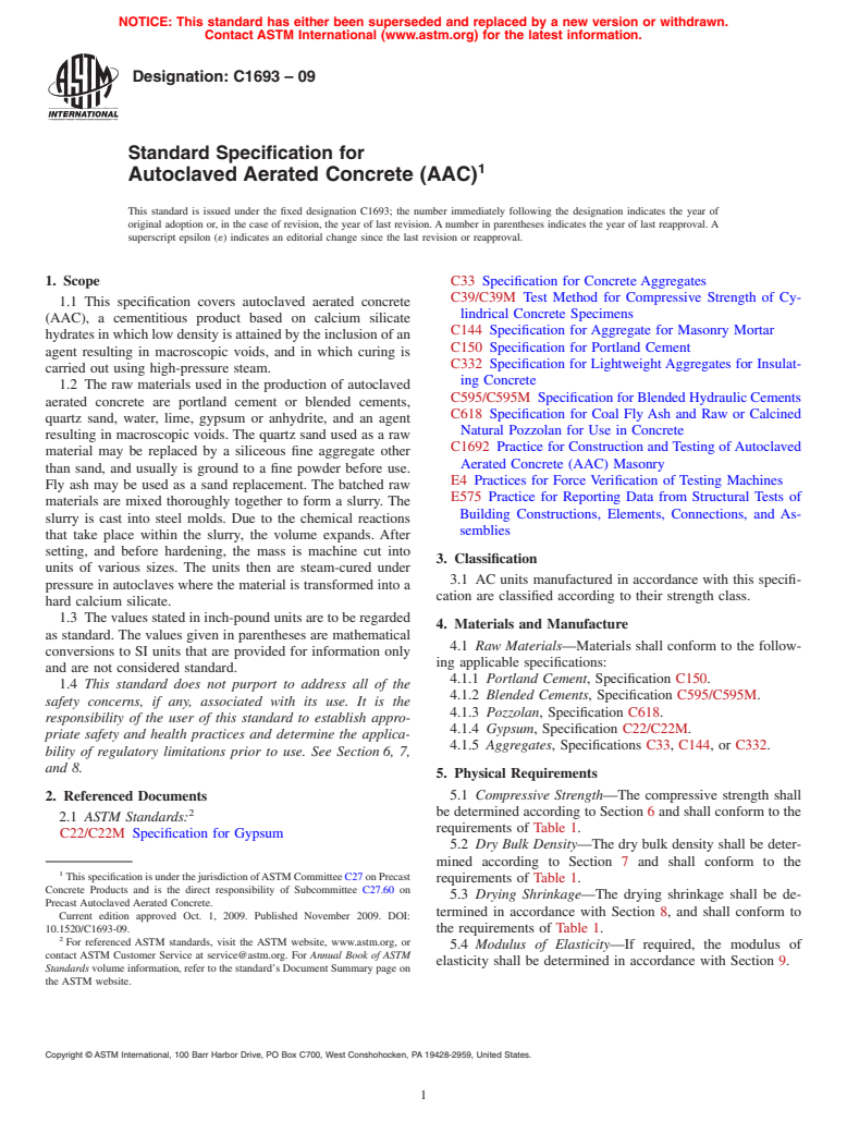 ASTM C1693-09 - Standard Specification for Autoclaved Aerated Concrete (AAC)