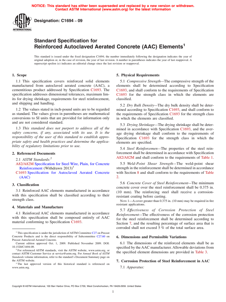 ASTM C1694-09 - Standard Specification for Reinforced Autoclaved Aerated Concrete (AAC) Elements