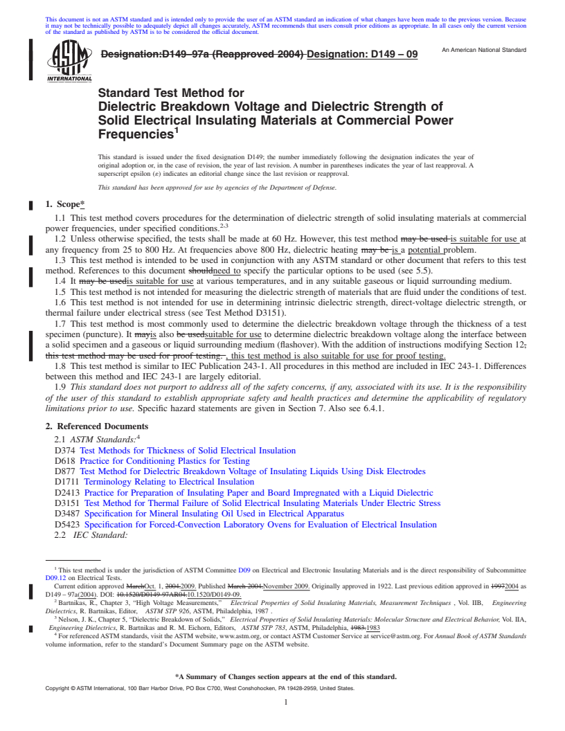 REDLINE ASTM D149-09 - Standard Test Method for Dielectric Breakdown Voltage and Dielectric Strength of Solid Electrical Insulating Materials at Commercial Power Frequencies