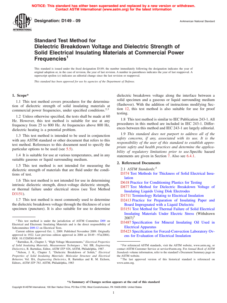 ASTM D149-09 - Standard Test Method for Dielectric Breakdown Voltage and Dielectric Strength of Solid Electrical Insulating Materials at Commercial Power Frequencies