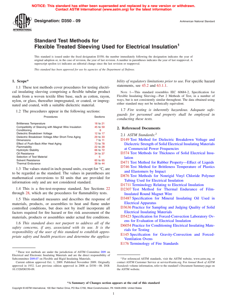 ASTM D350-09 - Standard Test Methods for  Flexible Treated Sleeving Used for Electrical Insulation