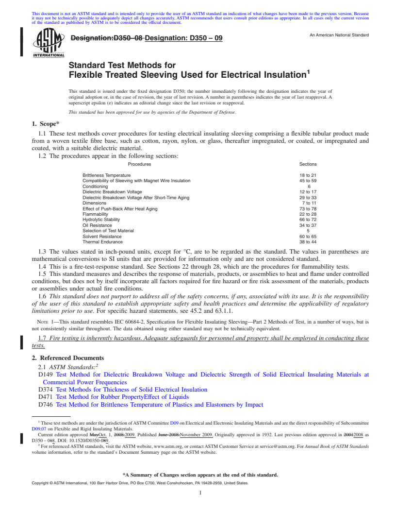 REDLINE ASTM D350-09 - Standard Test Methods for  Flexible Treated Sleeving Used for Electrical Insulation