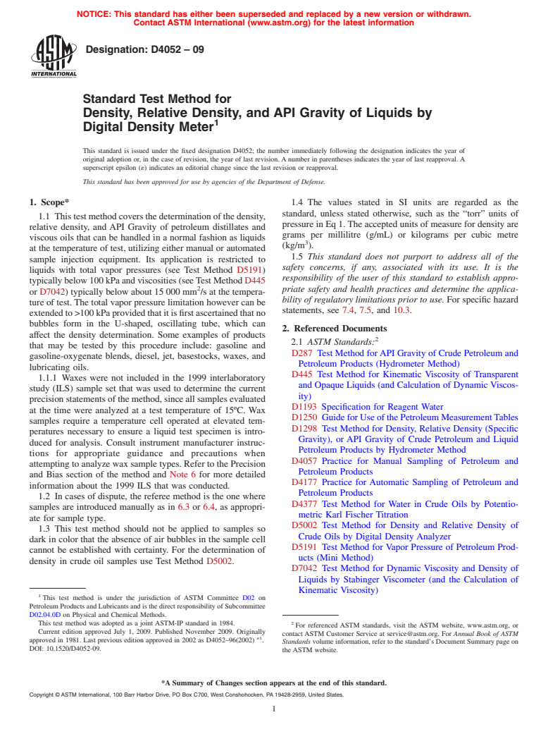 ASTM D4052-09 - Standard Test Method for Density, Relative Density, and API Gravity of Liquids by Digital Density Meter