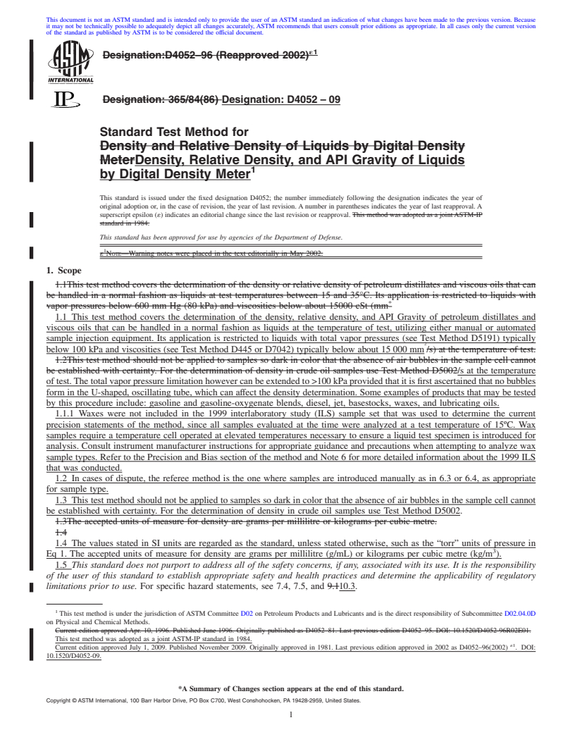 REDLINE ASTM D4052-09 - Standard Test Method for Density, Relative Density, and API Gravity of Liquids by Digital Density Meter