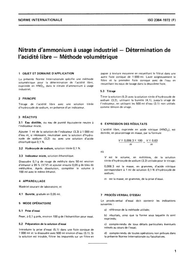 ISO 2364:1972 - Ammonium nitrate for industrial use — Determination of