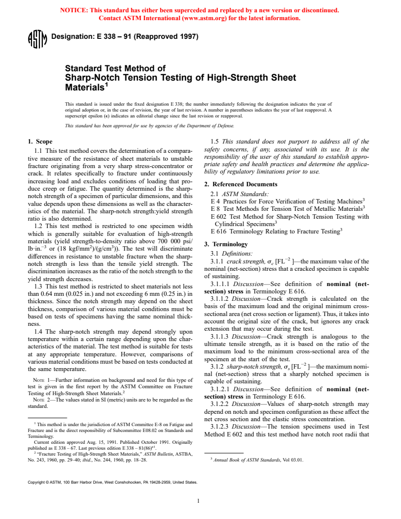 ASTM E338-91(1997) - Standard Test Method of Sharp-Notch Tension Testing of High-Strength Sheet Materials