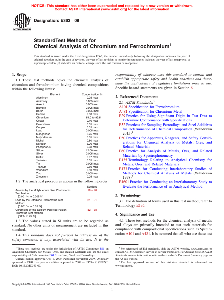 ASTM E363-09 - Standard Test Methods for Chemical Analysis of Chromium and Ferrochromium