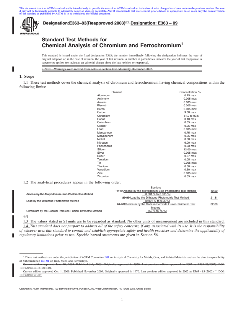 REDLINE ASTM E363-09 - Standard Test Methods for Chemical Analysis of Chromium and Ferrochromium