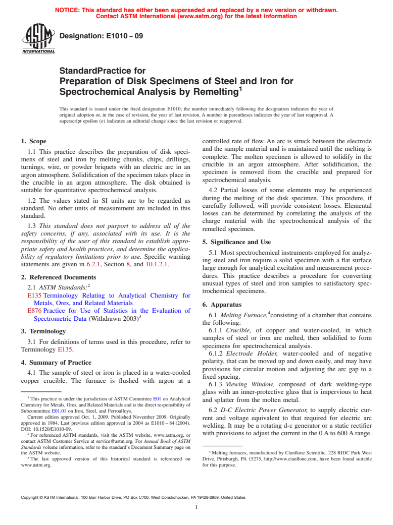 ASTM E1010-09 - Standard Practice for Preparation of Disk Specimens of Steel and Iron for Spectrochemical Analysis by Remelting