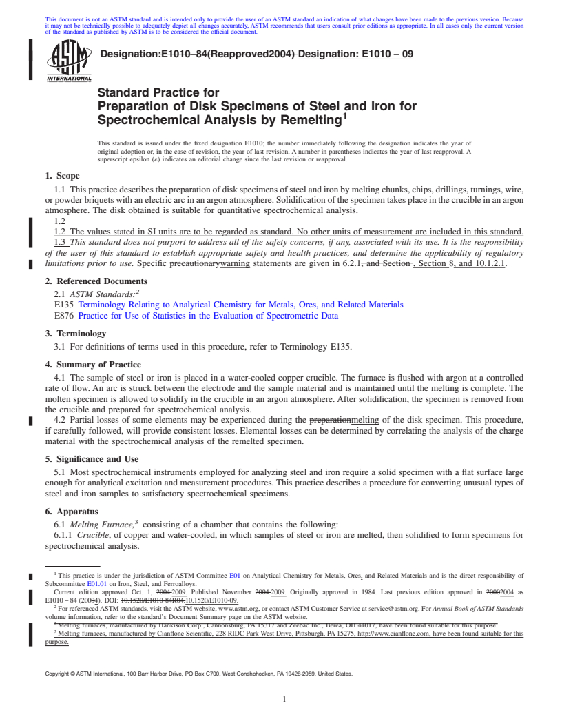 REDLINE ASTM E1010-09 - Standard Practice for Preparation of Disk Specimens of Steel and Iron for Spectrochemical Analysis by Remelting