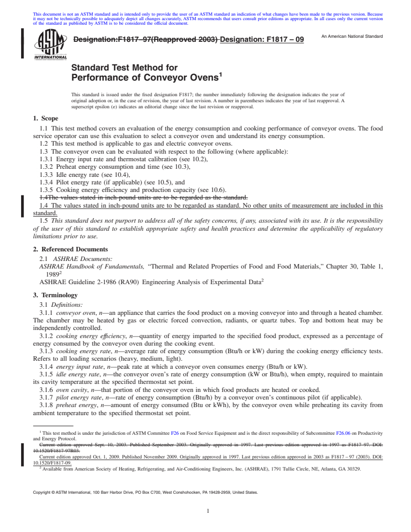 REDLINE ASTM F1817-09 - Standard Test Method for Performance of Conveyor Ovens