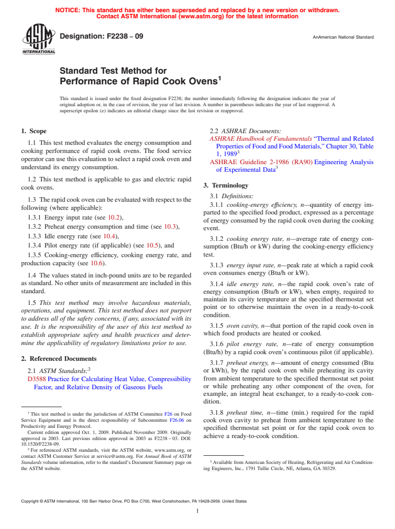 ASTM F2238-09 - Standard Test Method for Performance of Rapid Cook Ovens