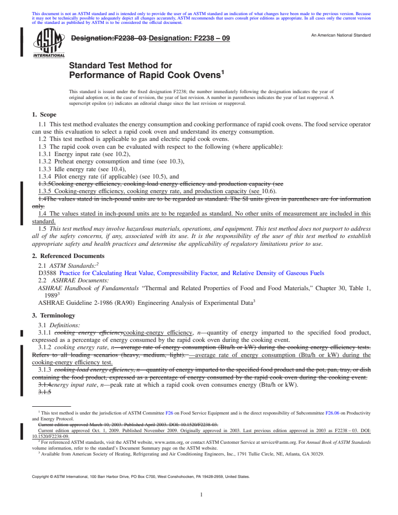 REDLINE ASTM F2238-09 - Standard Test Method for Performance of Rapid Cook Ovens