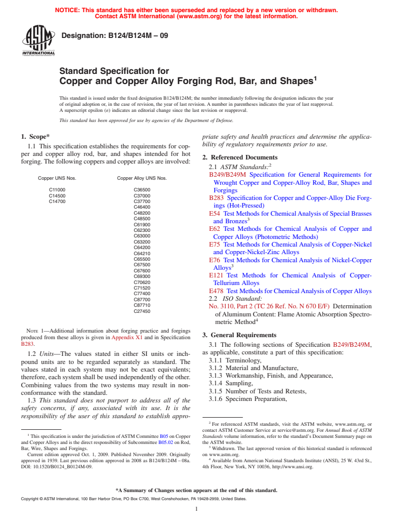 ASTM B124/B124M-09 - Standard Specification for  Copper and Copper Alloy Forging Rod, Bar, and Shapes