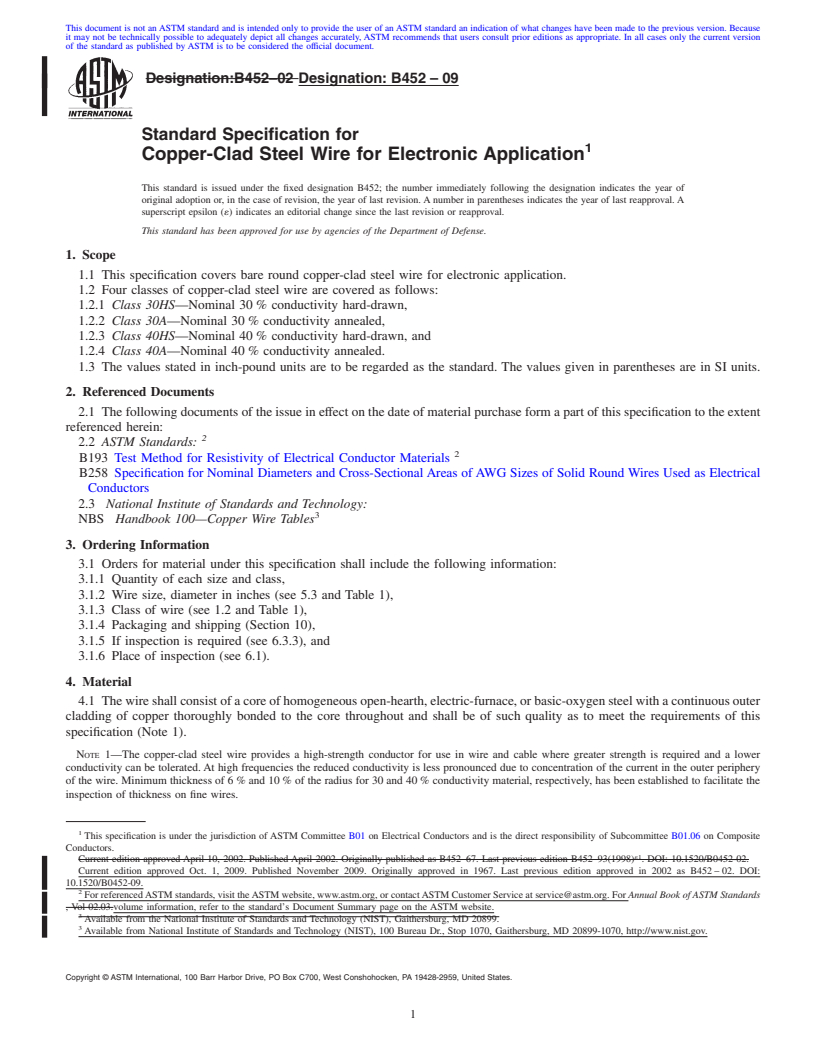 REDLINE ASTM B452-09 - Standard Specification for Copper-Clad Steel Wire for Electronic Application