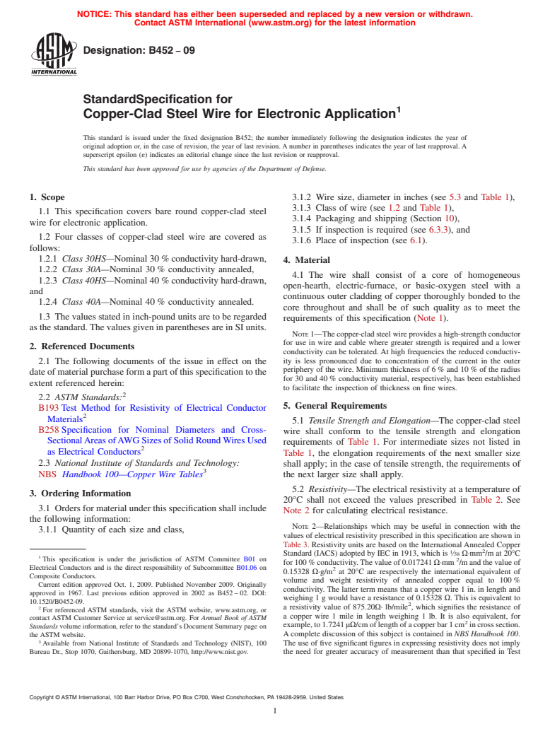 ASTM B452-09 - Standard Specification for Copper-Clad Steel Wire for Electronic Application