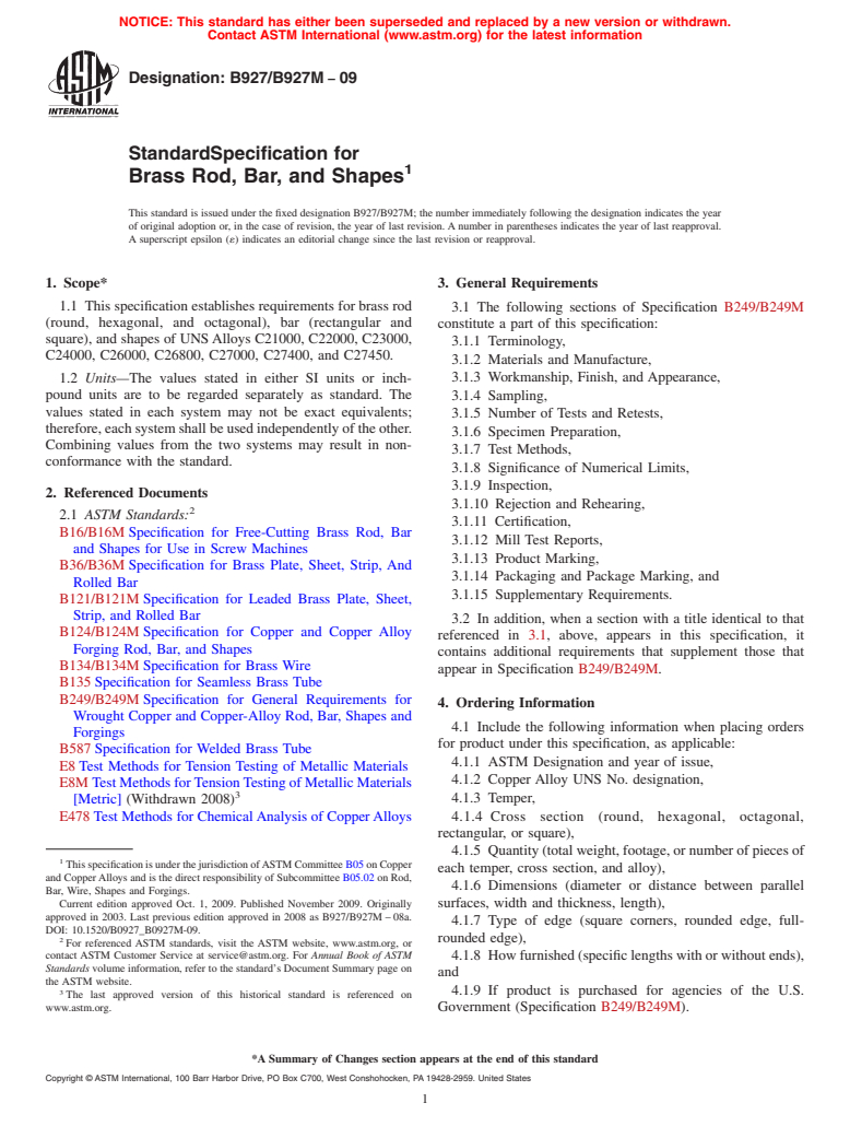 ASTM B927/B927M-09 - Standard Specification for Brass Rod, Bar, and Shapes