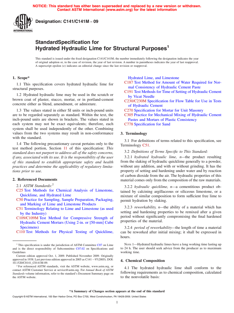 ASTM C141/C141M-09 - Standard Specification for  Hydrated Hydraulic Lime for Structural Purposes