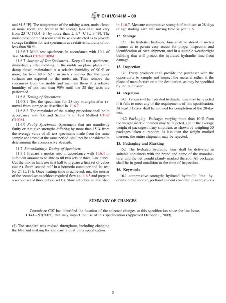 ASTM C141/C141M-09 - Standard Specification for  Hydrated Hydraulic Lime for Structural Purposes