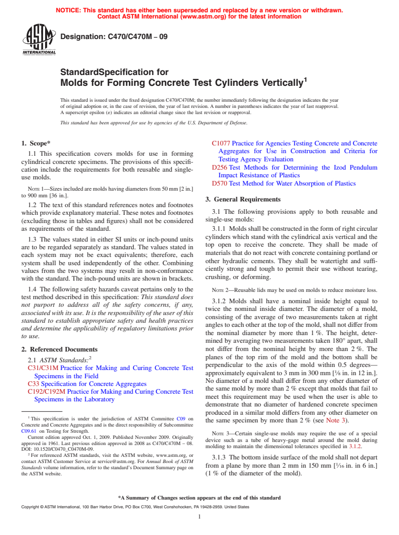 ASTM C470/C470M-09 - Standard Specification for Molds for Forming Concrete Test Cylinders Vertically